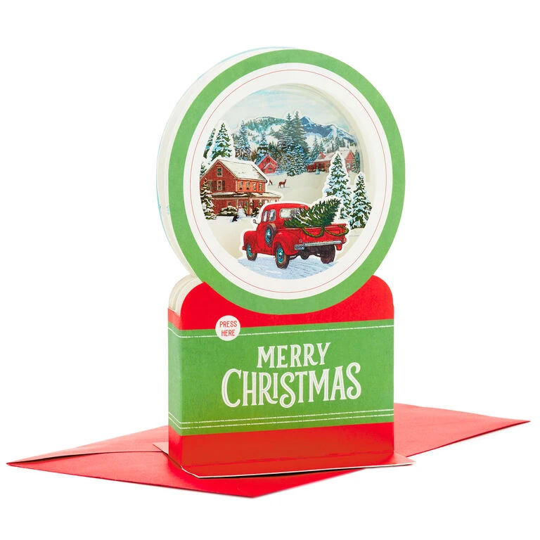 Hallmark Red Truck Snow Globe Musical 3D Pop-Up Christmas Card With Motion 3 Hallmark Red Truck Snow Globe Musical 3D Pop-Up Christmas Card With Motion